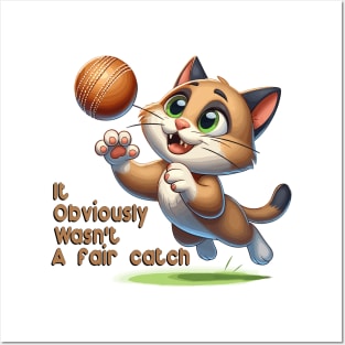 "Not a Fair Catch" Cartoon Cat & Cricket Ball Posters and Art